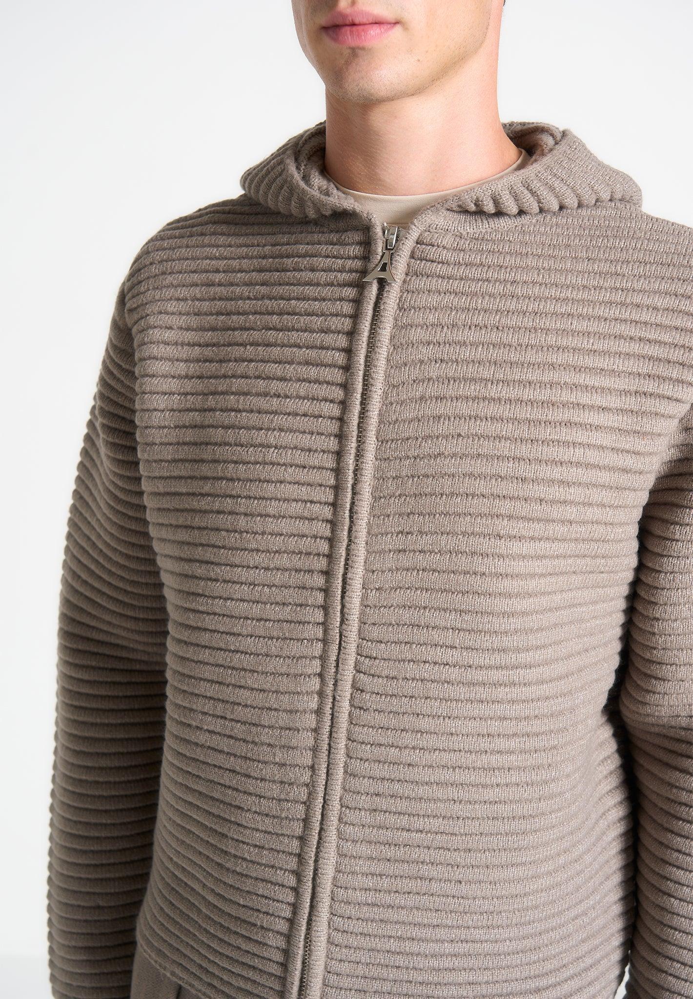 Ribbed Knit Zip Up Hoodie - Taupe Male Product Image