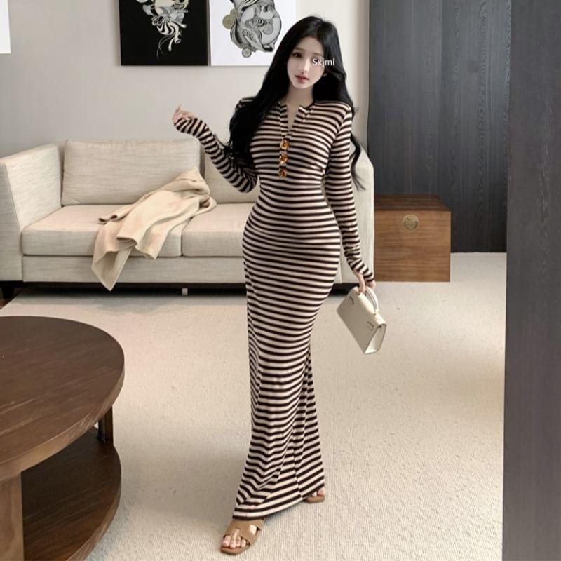 Long-Sleeve Notch Neck Striped Maxi Sheath Dress Product Image