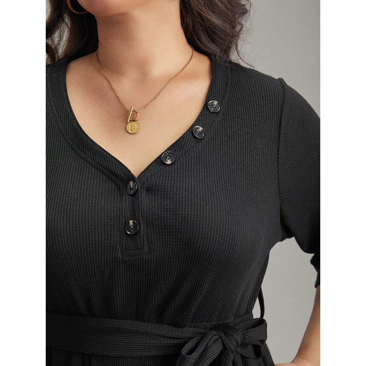 Plus Size Waffle Knit Button Detail Belted Dress Black Women Casual Plain V-neck Elbow-length sleeve Curvy Midi Dress BloomChic 22-24/3X Product Image