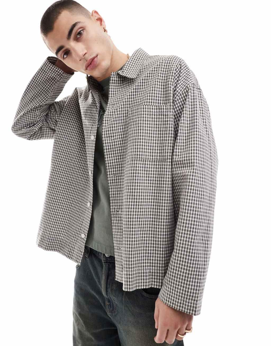Jack & Jones boxy overshirt in gray check Product Image