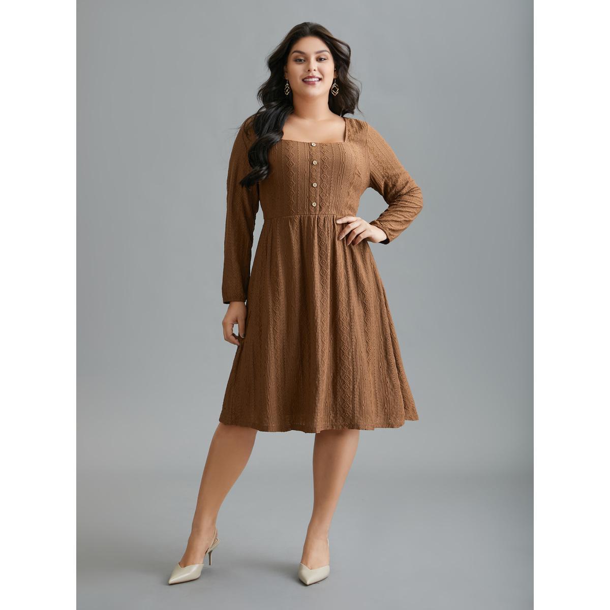 Plus Size Textured Button Detail Square Neck Knit Dress Browncoffeecolor Women Elegant Texture Knit Dresses Bloomchic 10/M Product Image