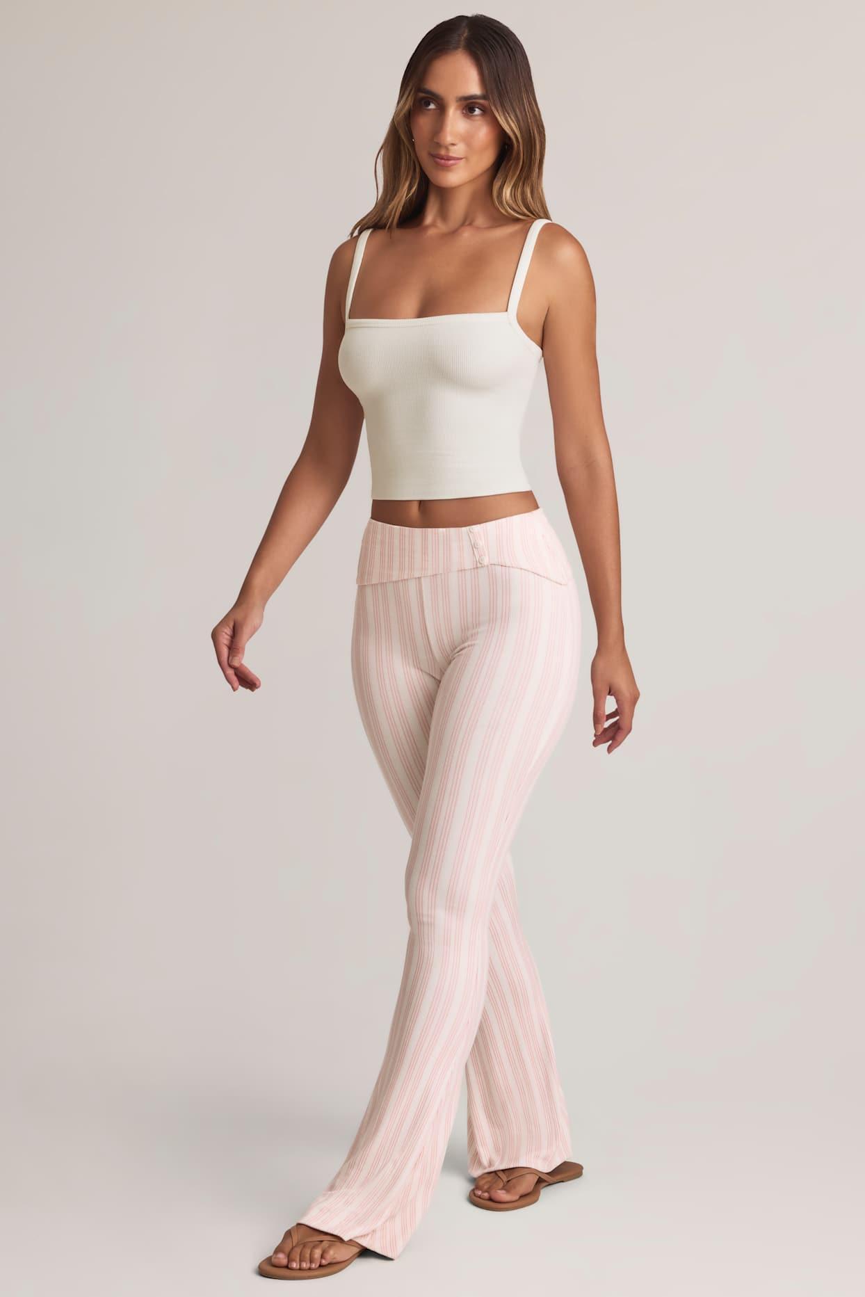 Modal Foldover Mid-Rise Flared Trousers in Stripe Print Product Image
