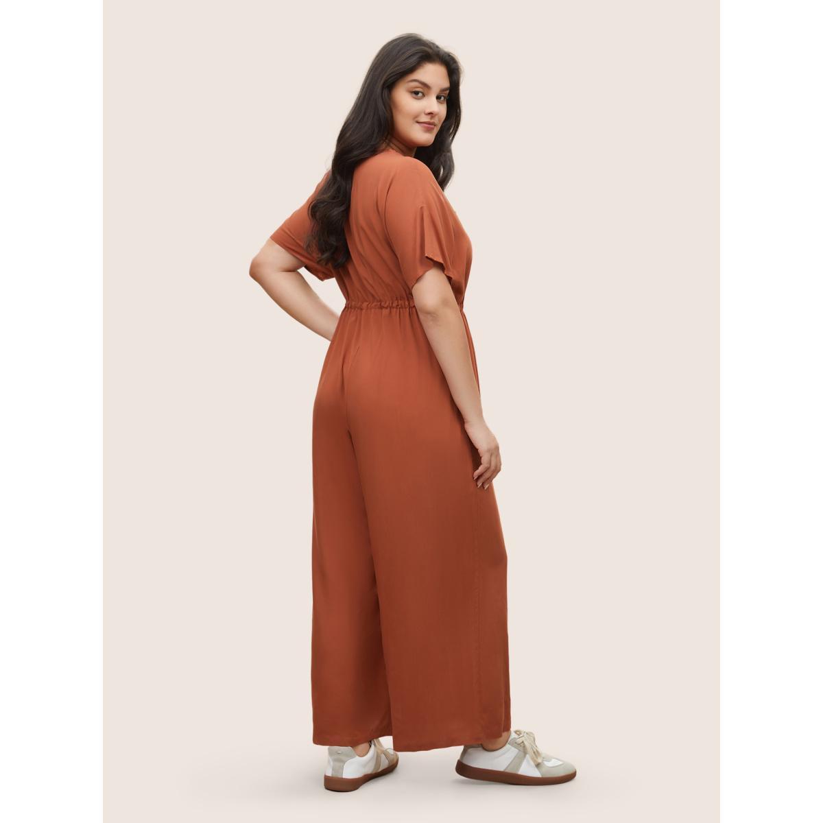 Plus Size Chocolate Plain Button Up Drawstring Gathered Pocket Jumpsuit Women Casual Short sleeve V-neck Everyday Loose Jumpsuits BloomChic 12/L Product Image