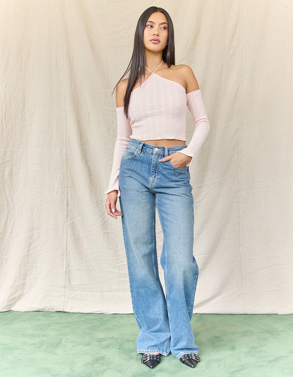 WEST OF MELROSE Long Sleeve Off The Shoulder Y Neck Open Knit Womens Sweater - PINK Product Image