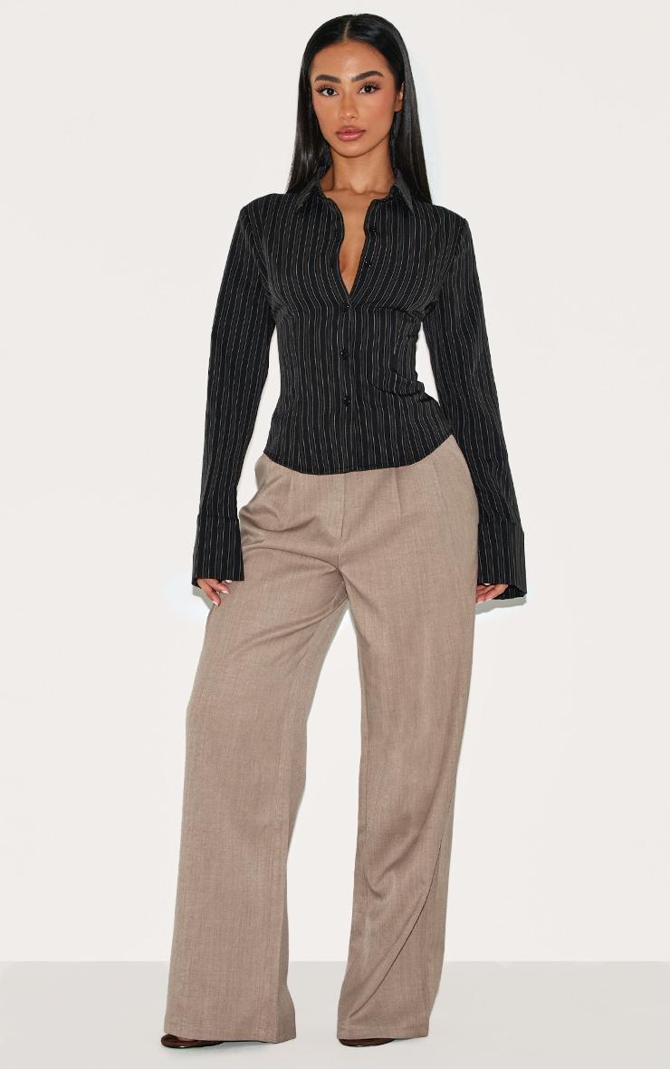 Petite Black Striped Long Sleeve Fitted Shirt Product Image
