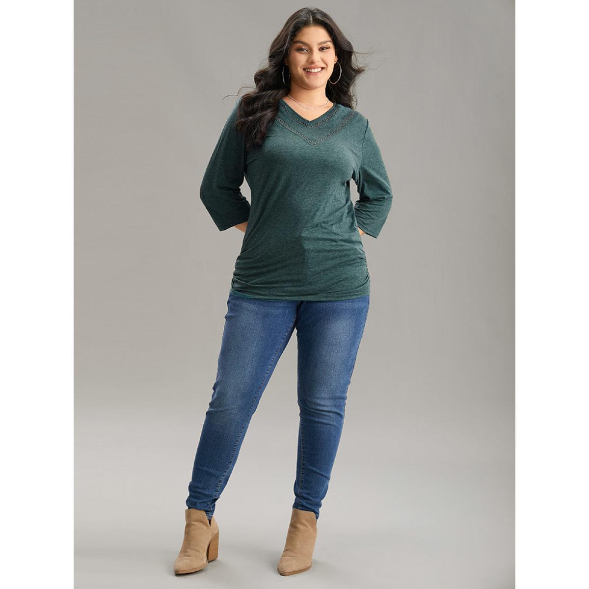 Plus Size Solid Gathered Contrast Lace V Neck T-shirt DarkGreen Women Elegant Gathered Plain V-neck Everyday T-shirts BloomChic 22-24/3X Product Image