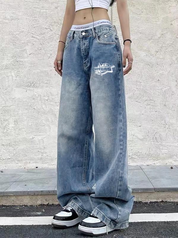 Washed Print Mopping Boyfriend Jeans Product Image