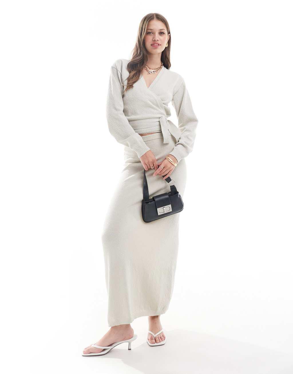 Pretty Lavish boucle knit wrap top in stone - part of a set Product Image
