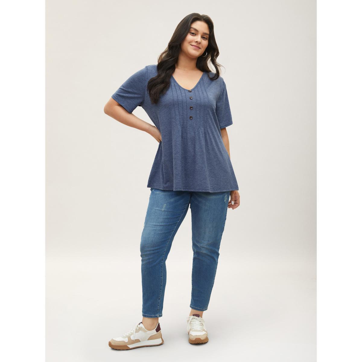 Plus Size Solid Pleated Front Button Detail V Neck T-shirt Stone Women Casual Button Plain Everyday T-shirts BloomChic 22-24/3X Product Image