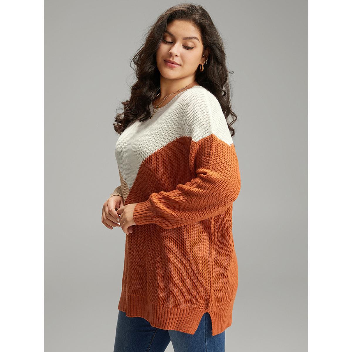 Plus Size Colorblock Split Side Drop Shoulder Pullover Multicolor Women Casual Loose Long Sleeve Round Neck Dailywear Pullovers BloomChic 22-24/3X Product Image
