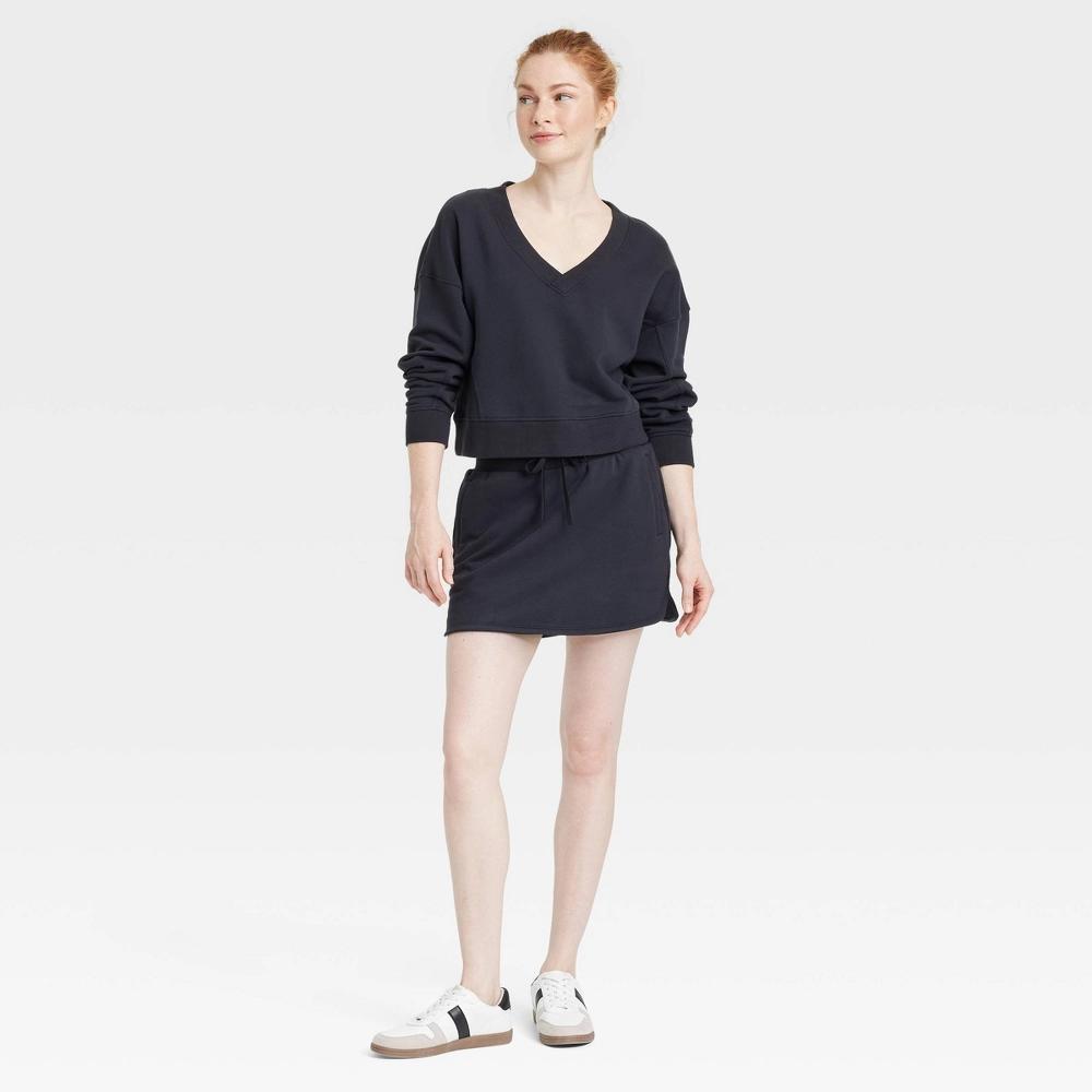 Women's French Terry V Neck Sweatshirt - JoyLab™ Black XS: Relaxed Fit, Cropped Pullover, Long Basic Sleeves, Midweight Knit Product Image