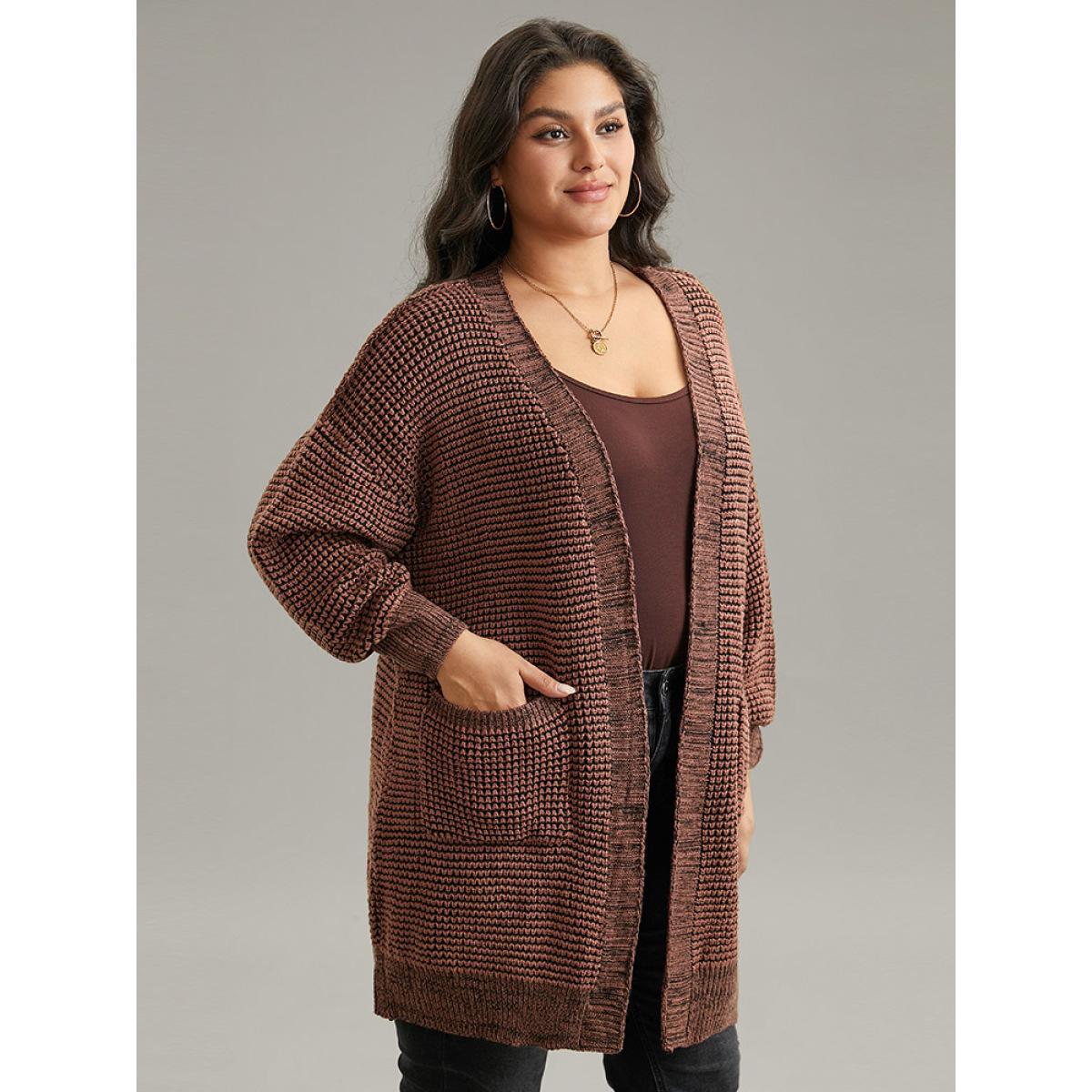 Plus Size Plisse Plain Patched Pocket Tunic Cardigan DarkBrown Women Casual Loose Long Sleeve Dailywear Cardigans BloomChic 28/5X Product Image