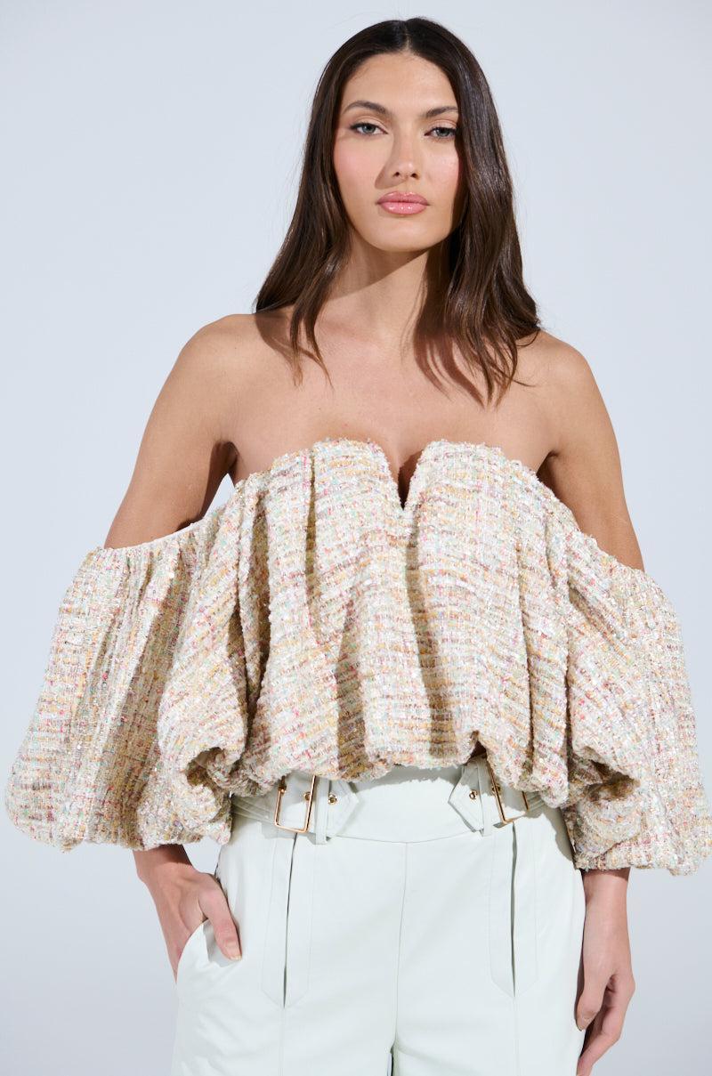 THE PRETTIEST FLOWER TWEED OFF-SHOULDER TOP Product Image