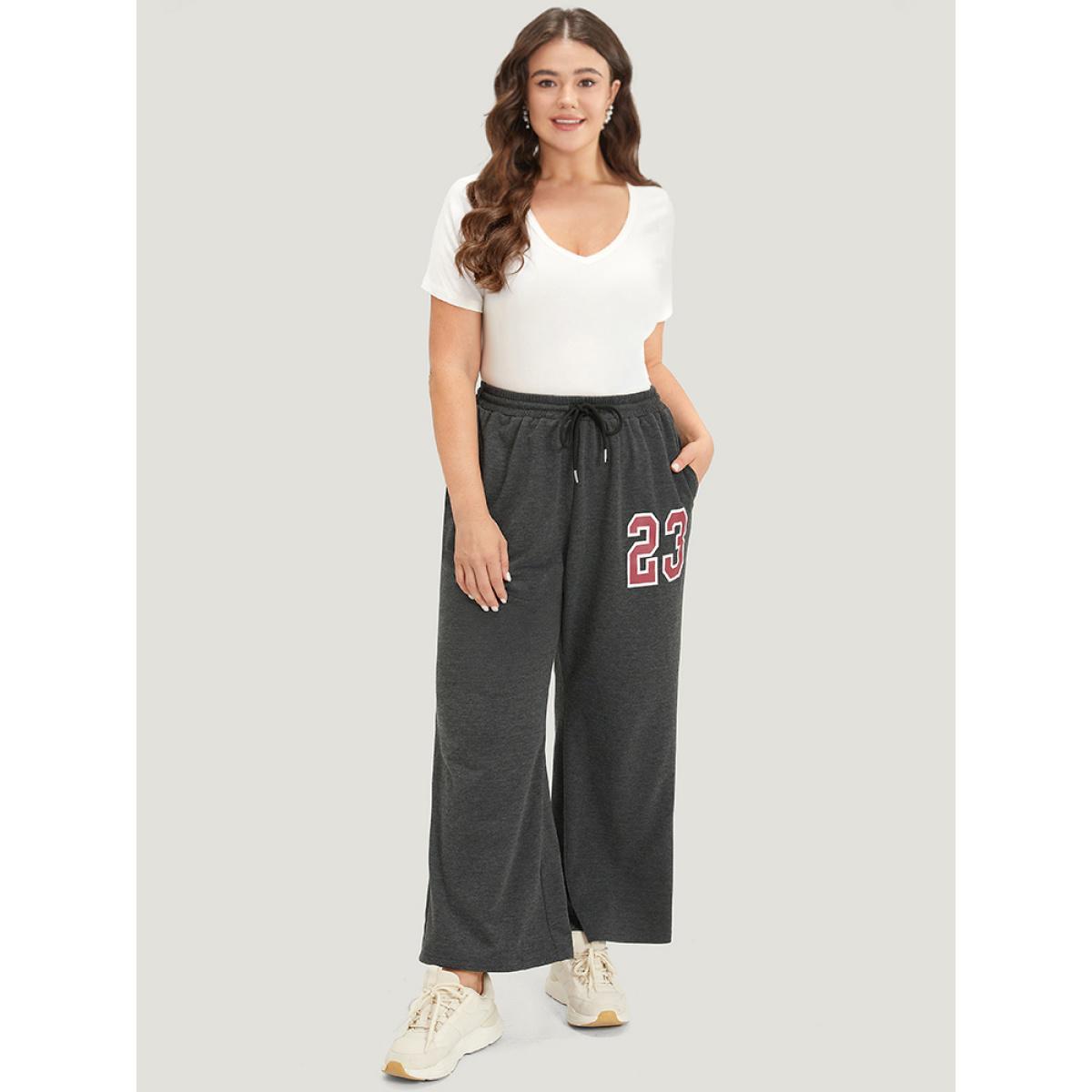 Number Print Drawstring Pocket Elastic Waist Sweatpants DimGray Plus Size Women Casual Dailywear Plain 10/M Bloomchic Product Image