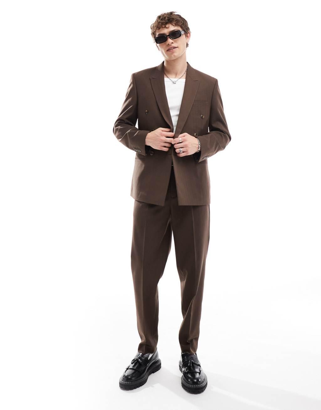 ASOS DESIGN double breasted herringbone suit jacket in brown Product Image