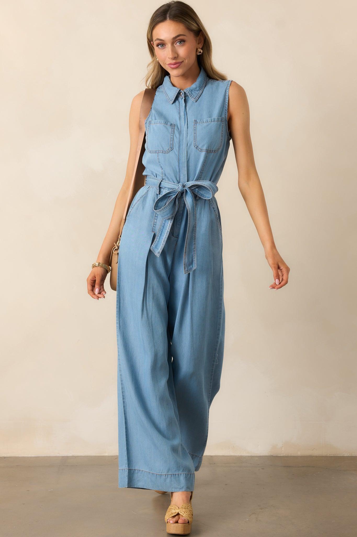 Best Foot Forward Blue Chambray Sleeveless Jumpsuit Product Image