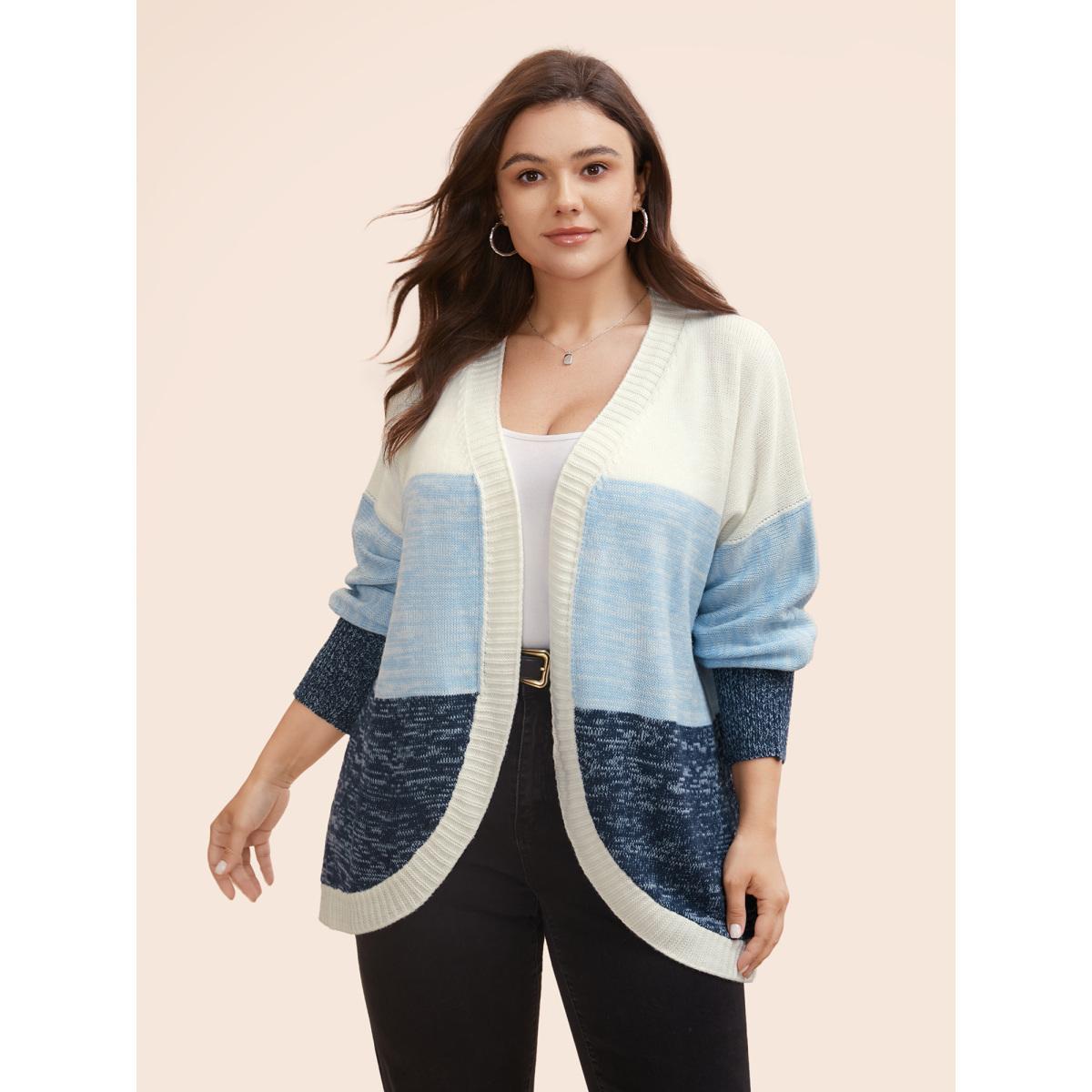 Plus Size Colorblock Contrast Curved Hem Cardigan Indigo Women Casual Loose Long Sleeve Everyday Cardigans BloomChic 12/L Product Image