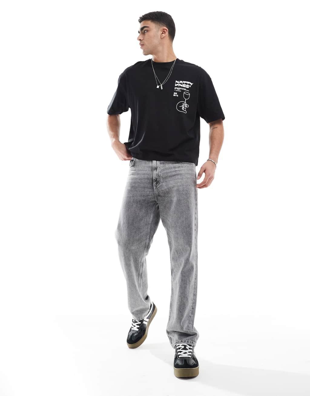 ASOS DESIGN boxy oversized t-shirt with drinks graphic in black Product Image