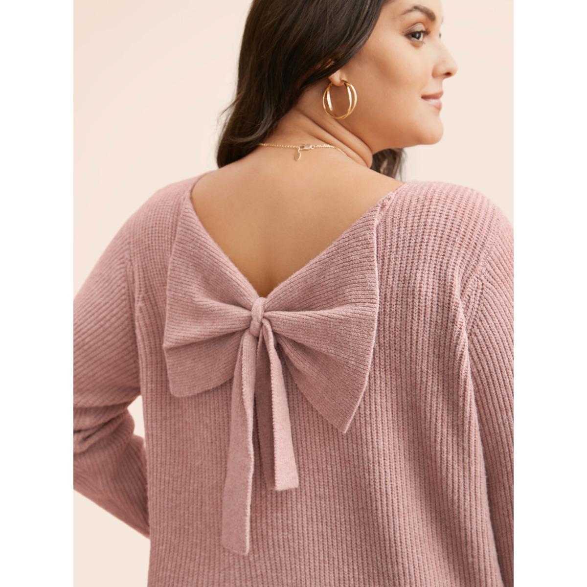 Plus Size Round Neck Texture Back Bowknot Pullover Crepe Women Casual Loose Long Sleeve Round Neck Everyday Pullovers BloomChic 30/6X Product Image