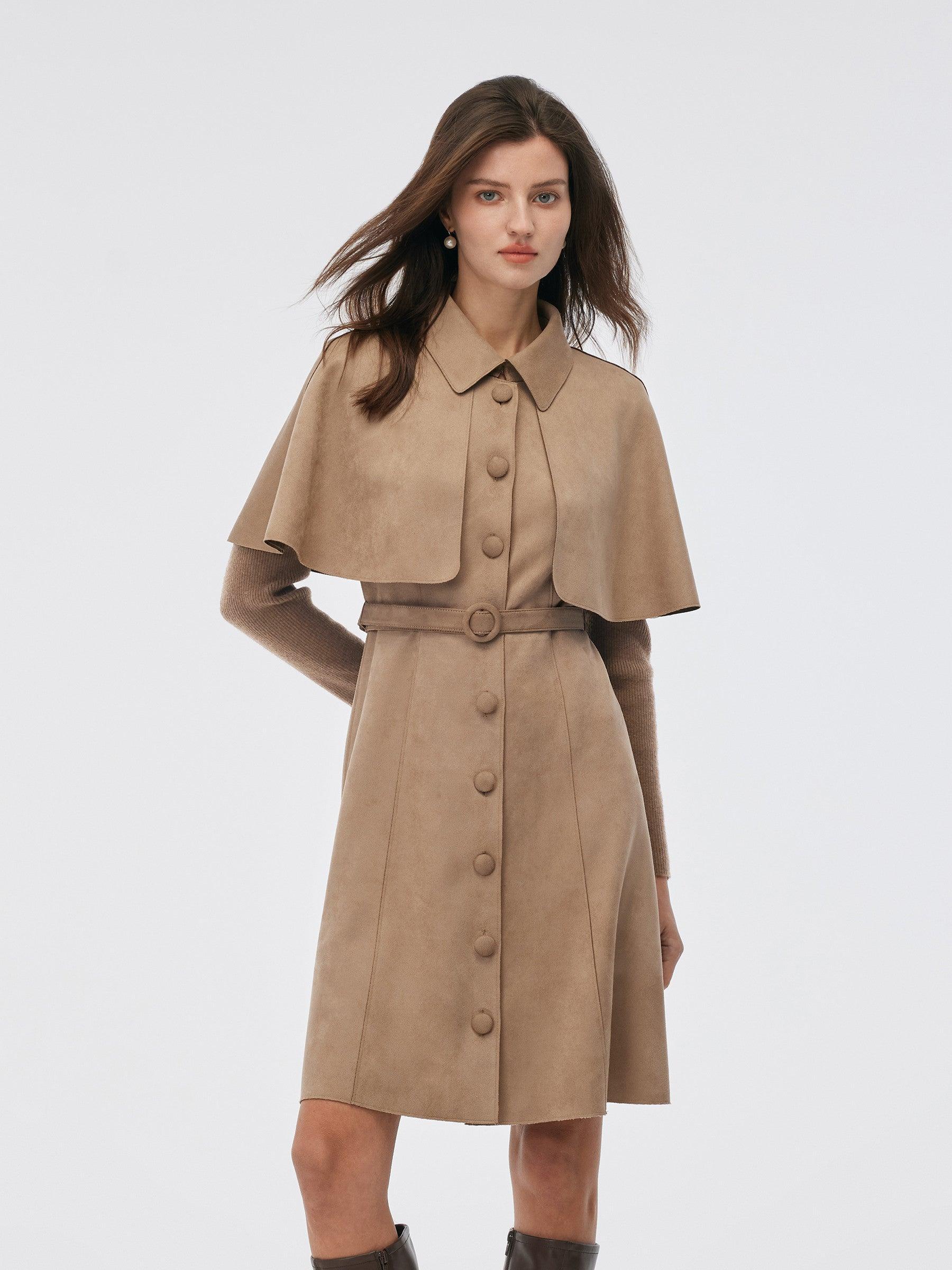 Faux Suede Patchwork Mini Dress With Detachable Short Cape And Belt Product Image