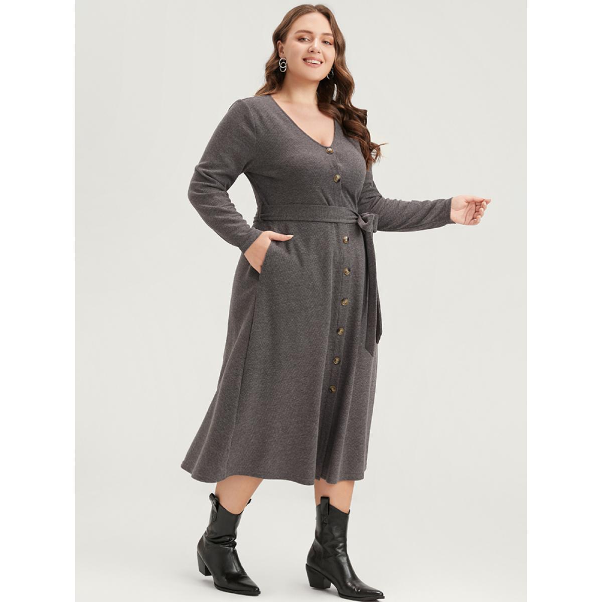 Plus Size Solid Pocket Button Up Belted Rib Knit Dress DarkGray Women Elegant Button V-neck Long Sleeve Curvy Midi Dress BloomChic 26/4X Product Image