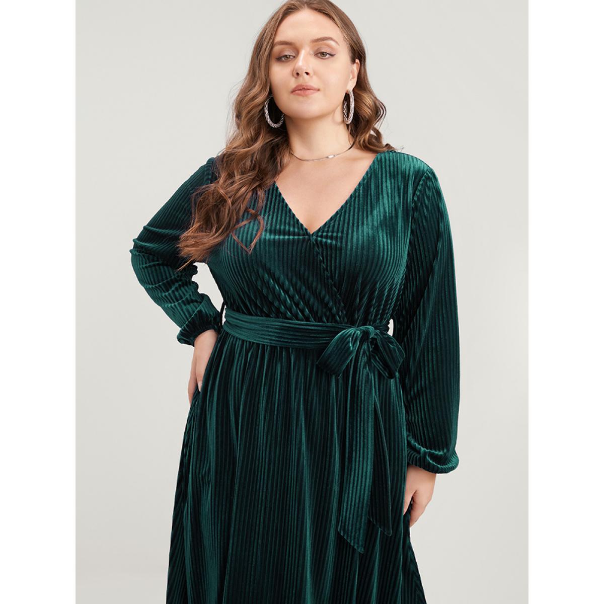 Plus Size Striped Velvet Pocket Lantern Sleeve Belted Wrap Dress DarkGreen Women Glamour Pocket V-neck Long Sleeve Curvy Midi Dress BloomChic 12/L Product Image