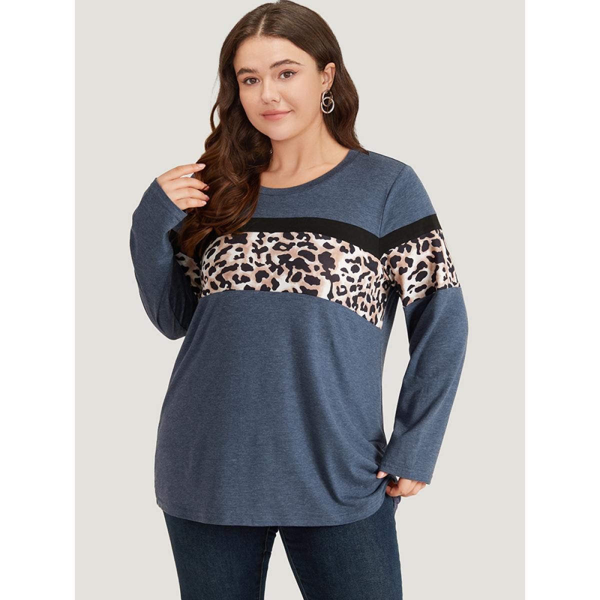 Plus Size Leopard Heather Patchwork Crew Neck T-shirt Blue Women Casual Patchwork Patchwork Round Neck Dailywear T-shirts BloomChic 30/6X Product Image