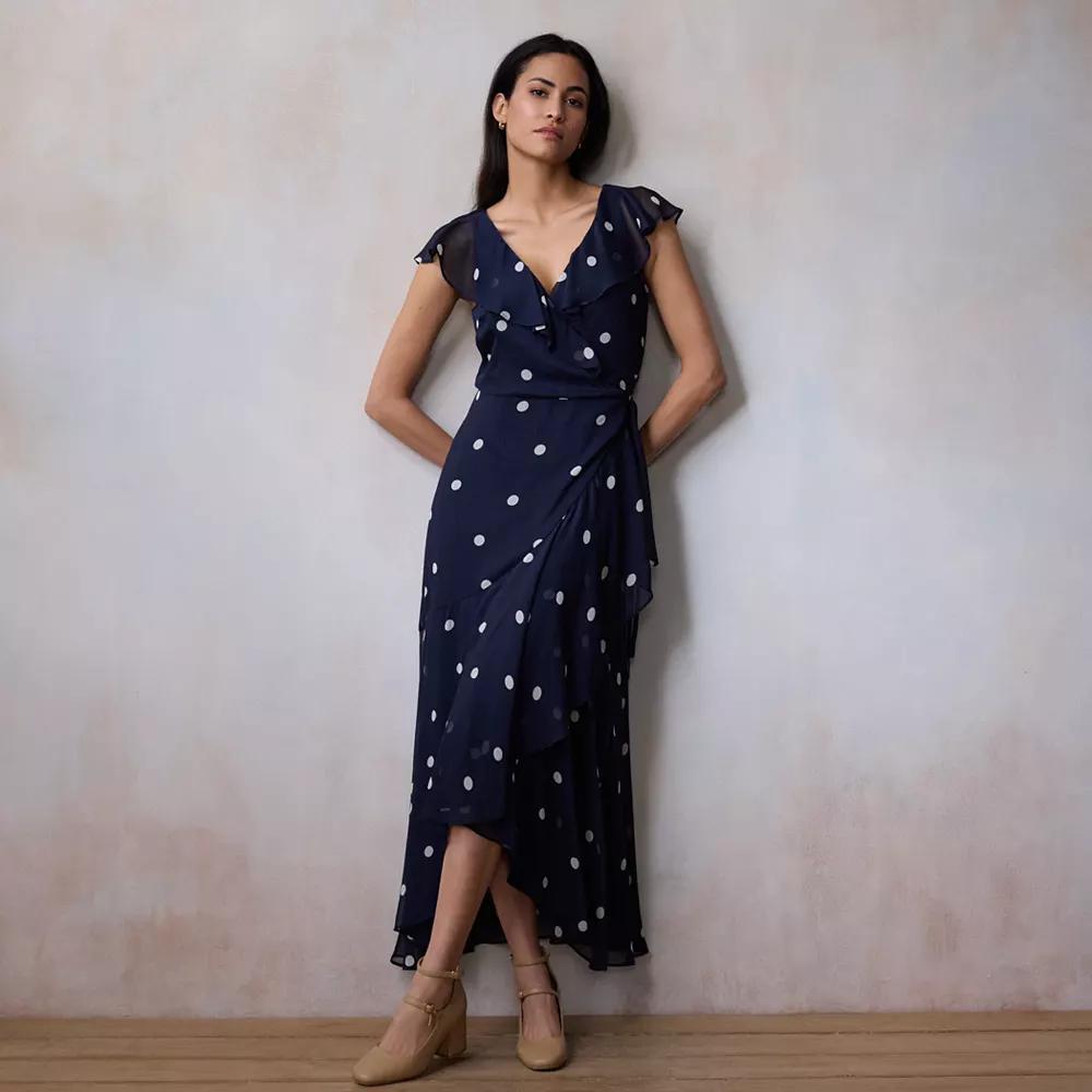 Women's LC Lauren Conrad Flutter Sleeve Wrap Maxi Dress, Size: Medium, Blue Audrey Dot Product Image