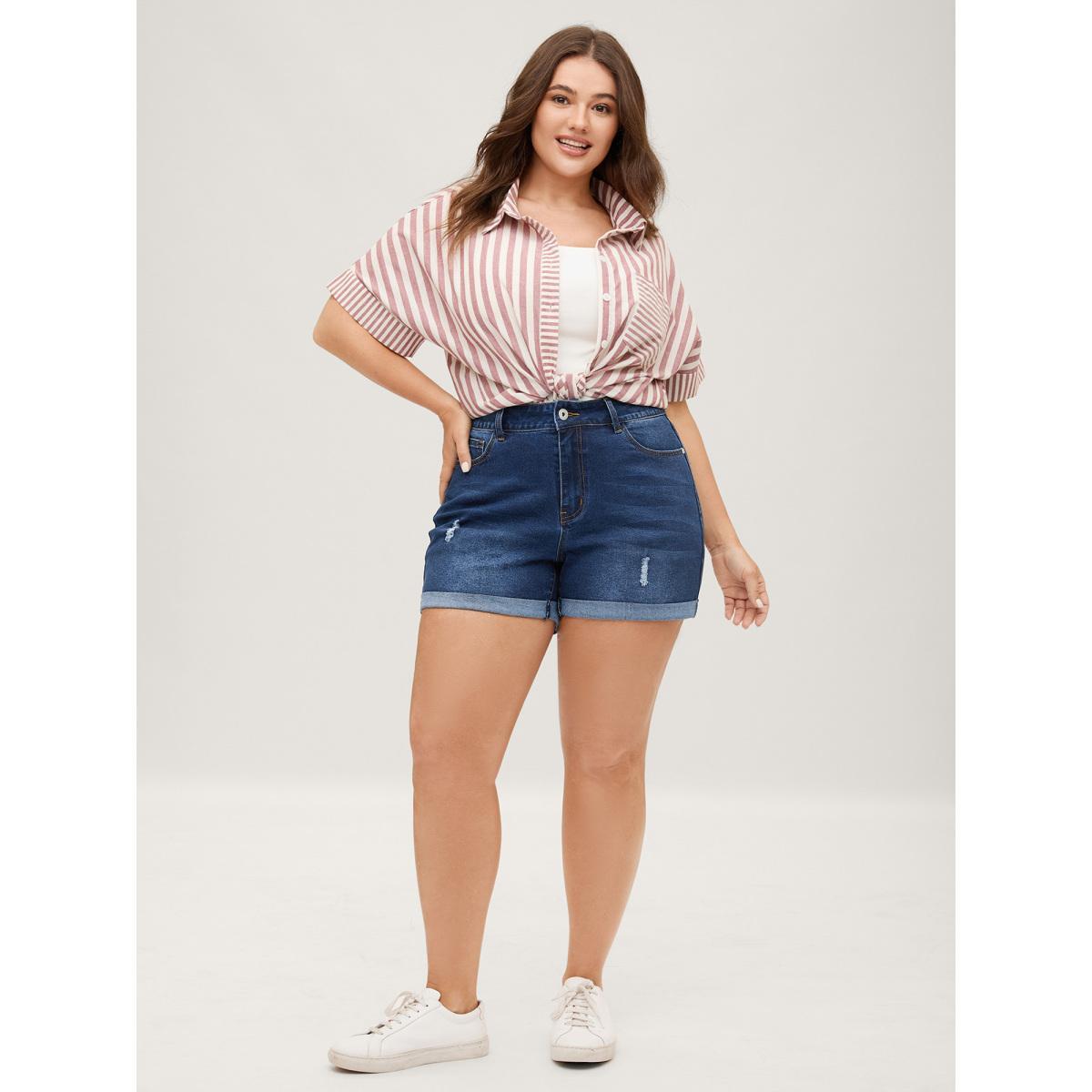 Plus Size Stretchy Ripped Skinny Fit Denim Shorts Women Darkindigo Distressed Medium stretch Everyday-Casual Slanted pocket Denim Shorts BloomChic 16/1X Product Image