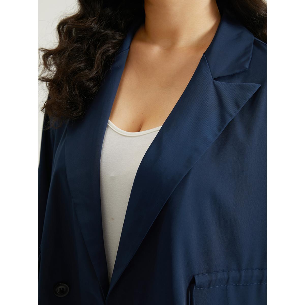 Plus Size Button Up Drawstring Pocket Blazer Indigo Women Work Plain Plain Sleeve Long Sleeve Lapel Collar 10/M Pocket At the Office Blazers BloomChic Product Image