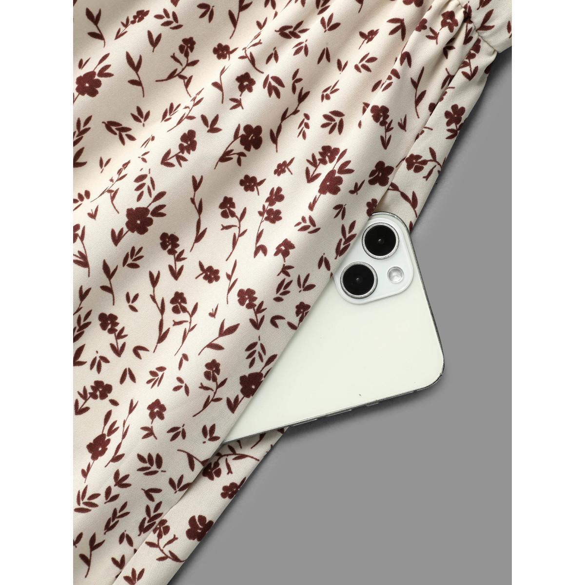 Plus Size Stretchy-Waist Printed Pockets Midi Dress Apricot Women Elegant Frill Trim Round Neck Long Sleeve Curvy BloomChic 14-16/1X Product Image