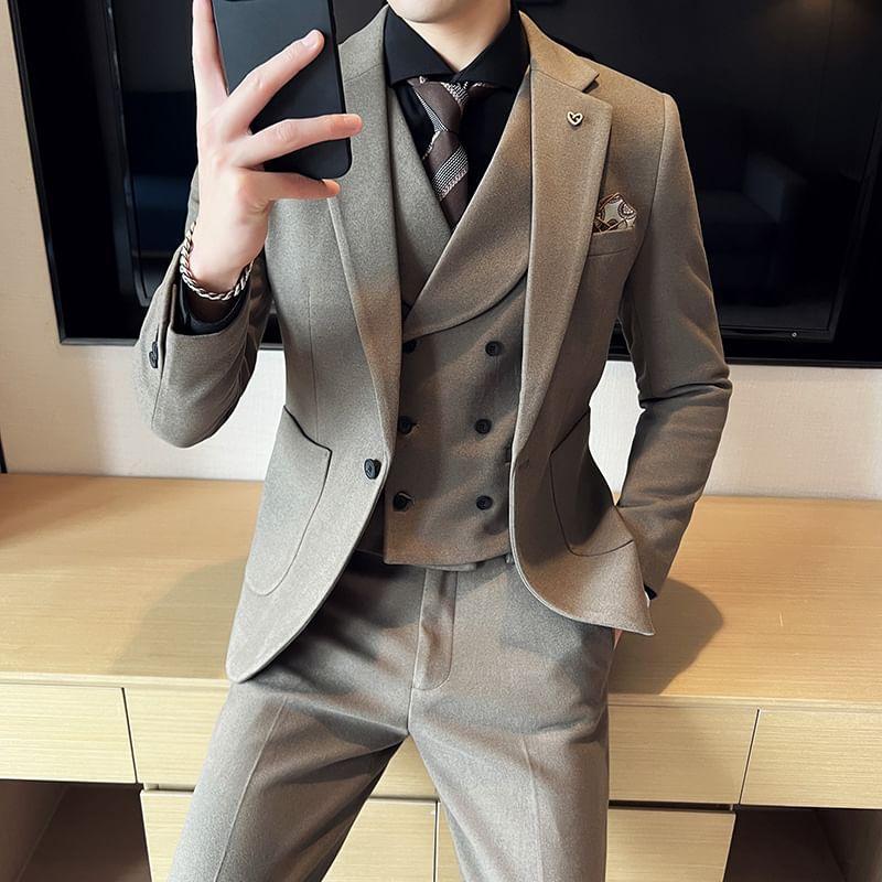 Set: Notch Lapel One-Buttoned Plain Blazer + Mid Rise Cropped Straight Leg Dress Pants + V-Neck Double-Breasted Vest Product Image
