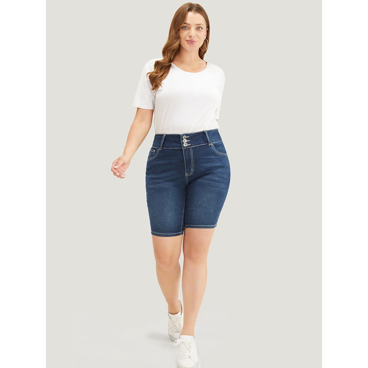 Plus Size Slightly Stretchy High Rise Black Wash Denim Shorts Women Indigo Casual Plain Button Low stretch Pocket Jeans BloomChic 14/1X Product Image