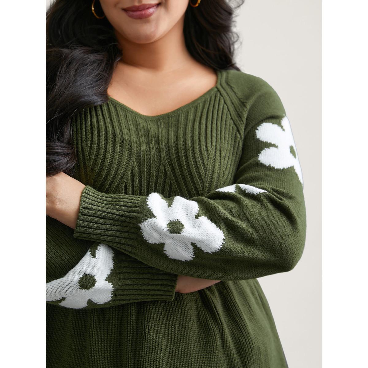 Plus Size Floral Patch Jacquard Cinched Waist Pullover ArmyGreen Women Elegant Bodycon Long Sleeve Square Neck Everyday Pullovers BloomChic 12/L Product Image