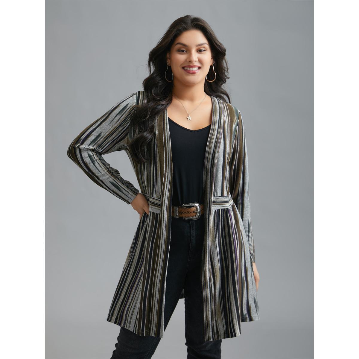 Plus Size Colored Striped Open Front Waist Defining Jacket Women Multicolor Contrast Bodycon Side seam pocket Everyday Jackets BloomChic 18-20/2X Product Image