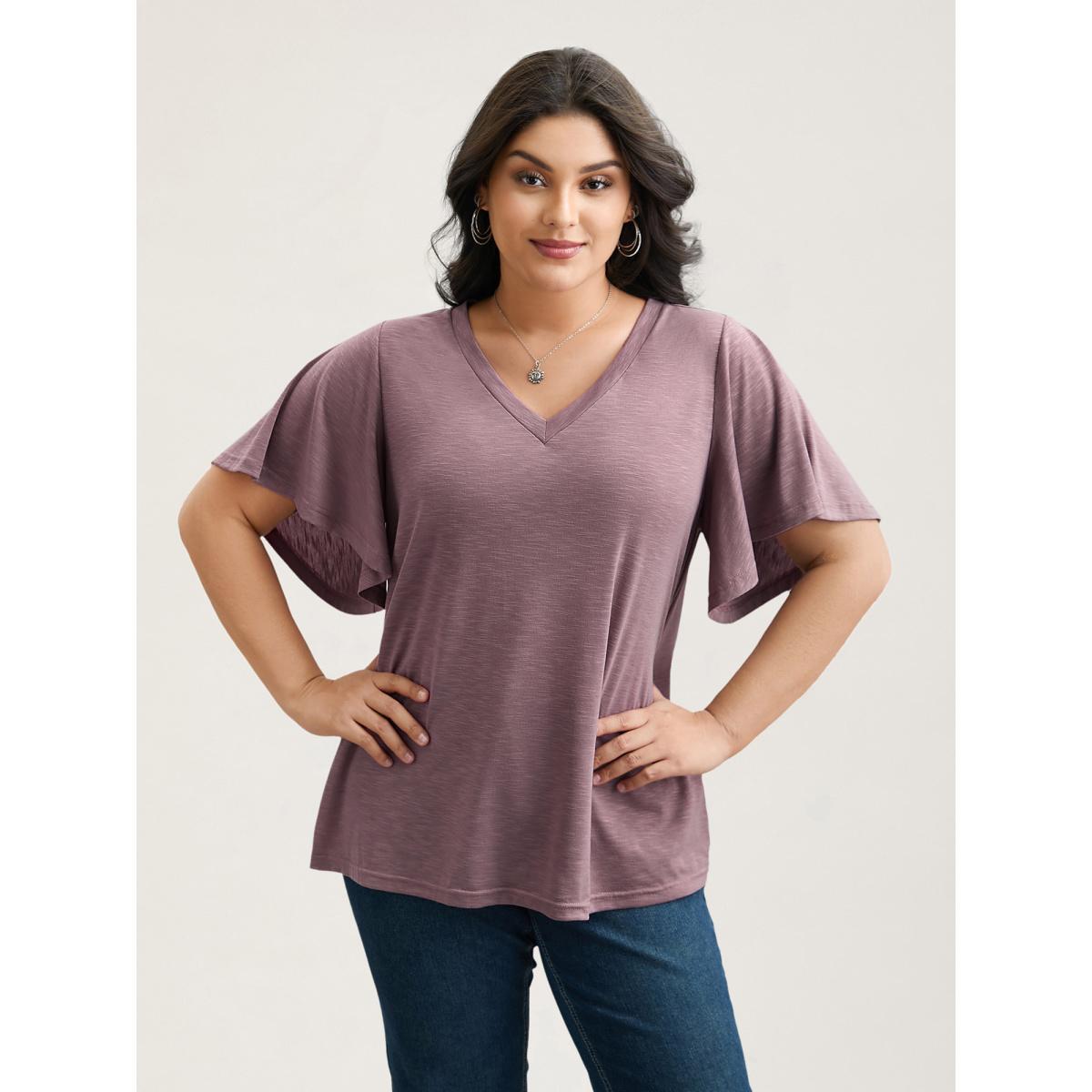 Plus Size V-Neck Stretchy Flared Sleeve T-Shirt DustyPink Women Casual Ruffles V-neck Everyday T-shirts BloomChic 18-20/2X Product Image