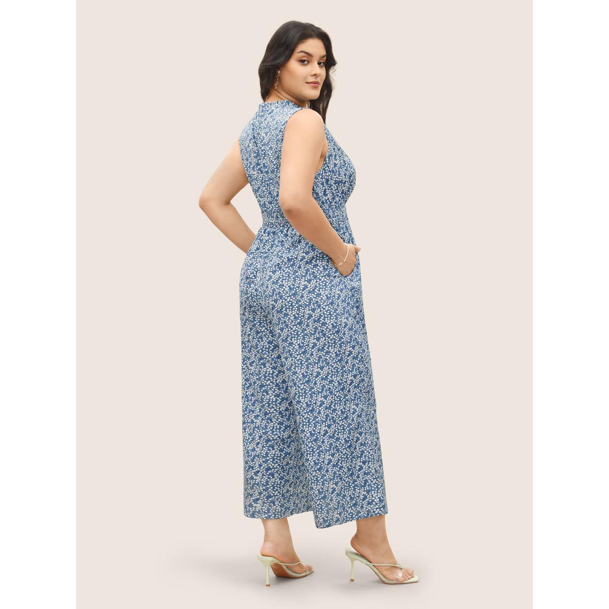 Plus Size Skyblue Ditsy Floral Mock Neck Shirred Jumpsuit Women Elegant Sleeveless Mock Neck Everyday Loose Jumpsuits BloomChic 14-16/1X Product Image