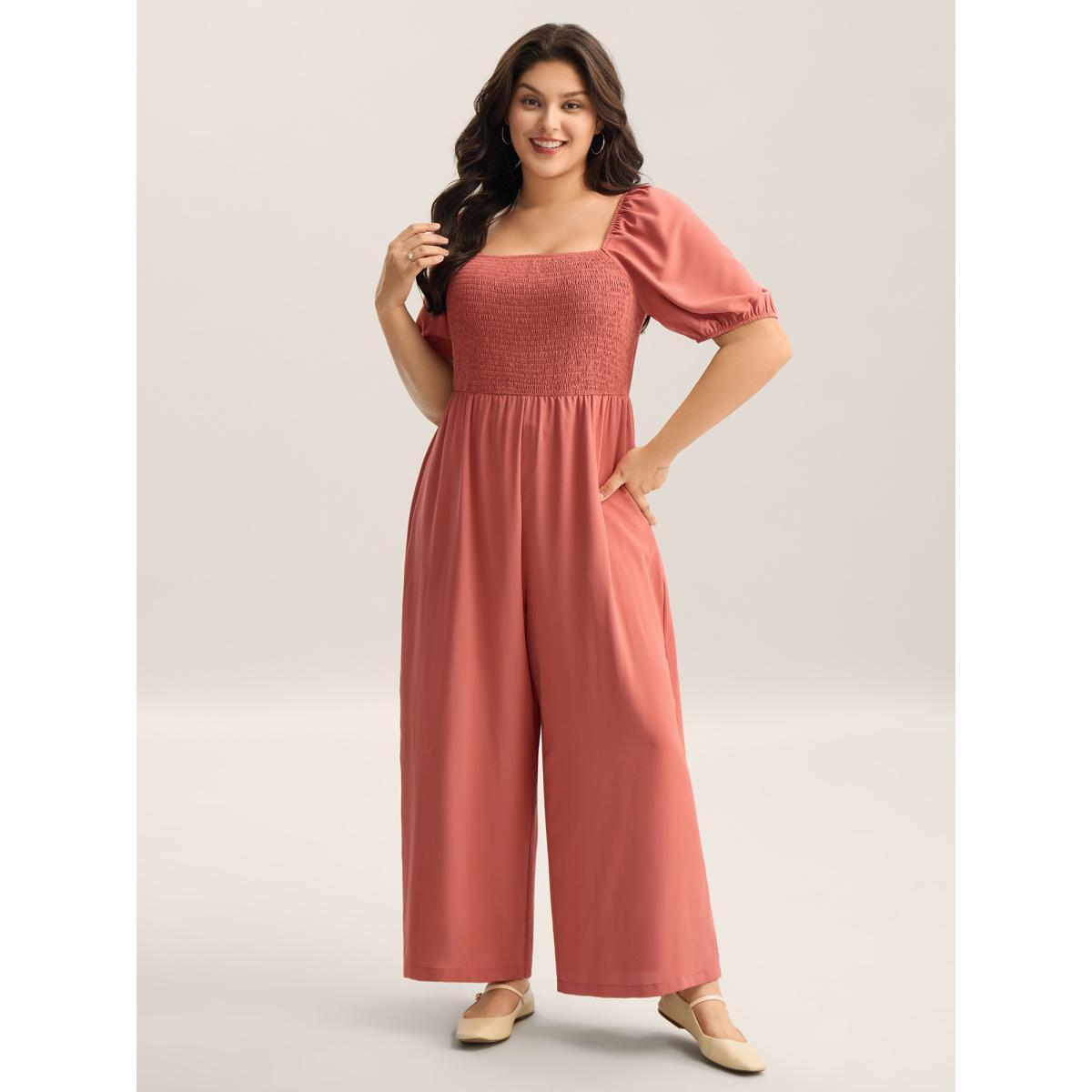 Plus Size Coral Shirred Puffy Sleeve Pockets Jumpsuit Women Short sleeve Square Neck Everyday-Casual Loose Jumpsuits BloomChic 26/4X Product Image