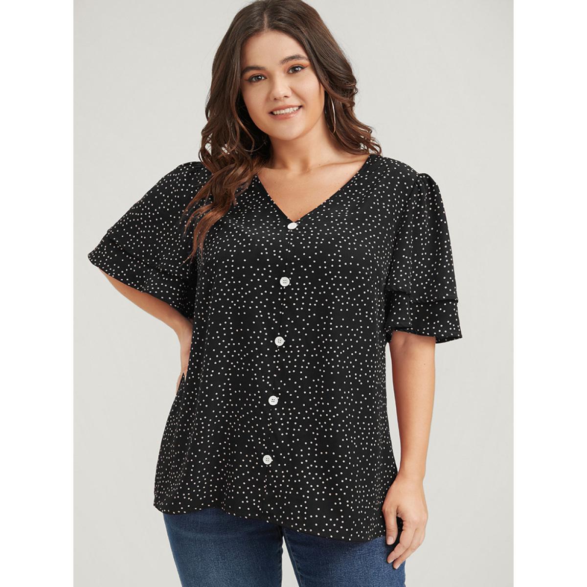 Plus Size Black Polka Dot Ruffle Sleeve Button Front Blouse Women Elegant Short sleeve V-neck Dailywear Blouses BloomChic 12/L Product Image