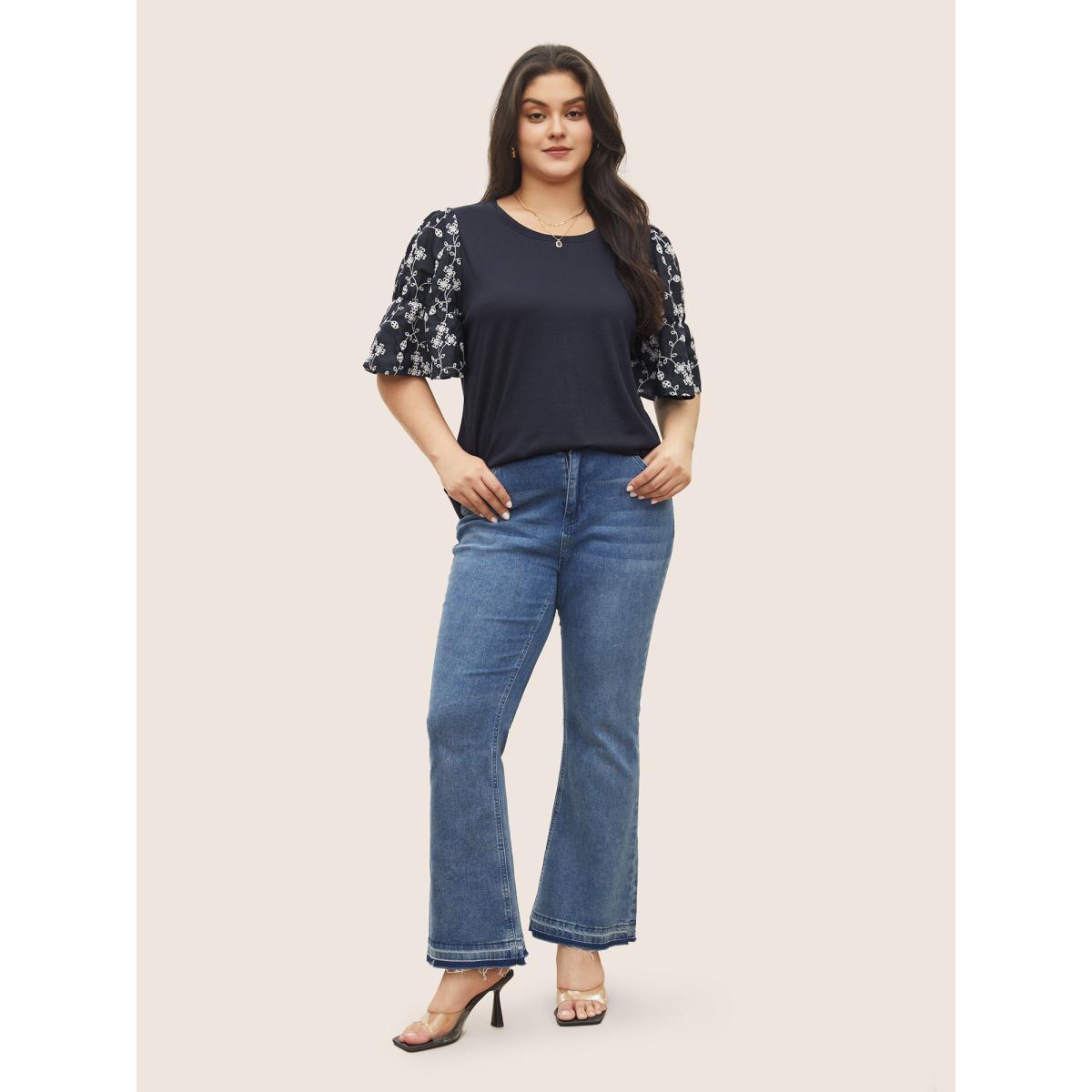 Plus Size Ditsy Floral Patchwork Broderie Anglaise T-shirt Midnight Women Elegant Patchwork Ditsy Floral Round Neck Everyday T-shirts BloomChic 28/5X Product Image