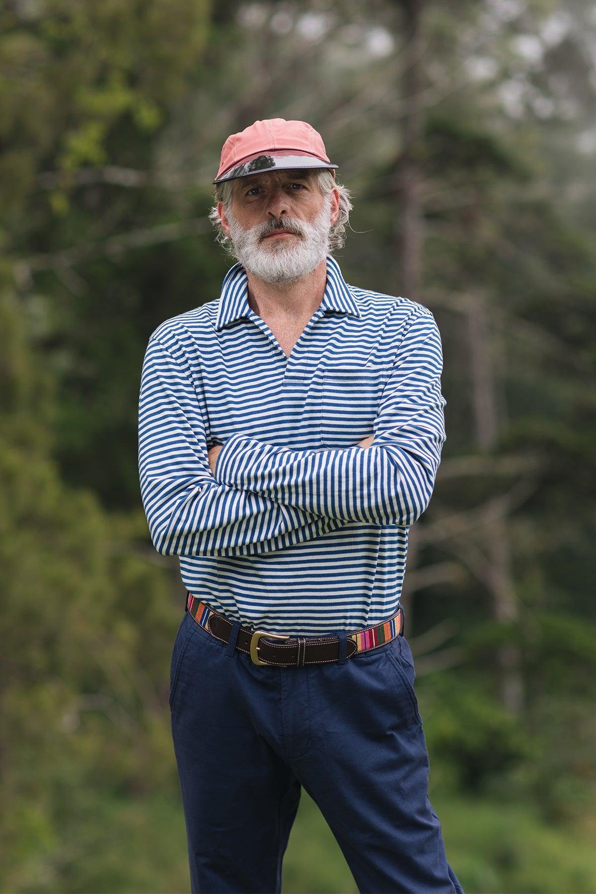 Long Sleeve Indigo Polo in Blue/White Stripe Product Image