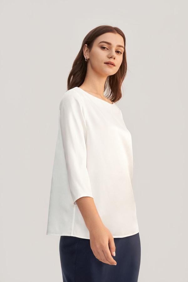 3/4 Sleeve Boat Neck Silk Blouse Product Image