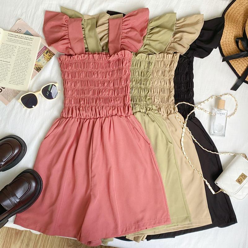 Sleeveless Square Neck Plain Shirred Ruffle Romper Product Image