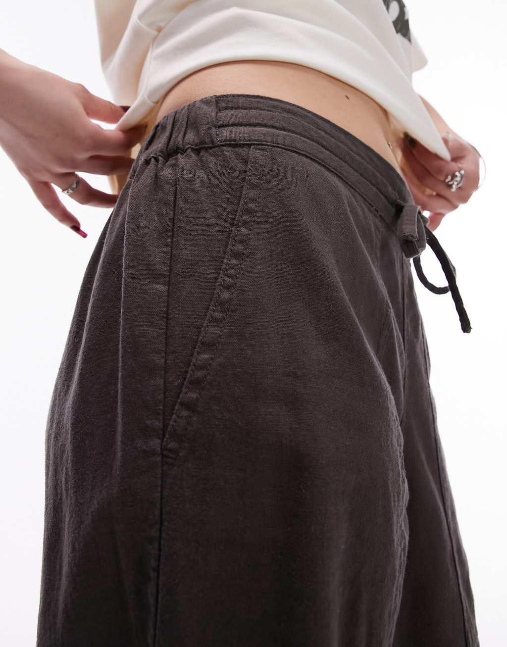 Topshop Petite linen low rise draw cord waist straight leg pants in charcoal Product Image