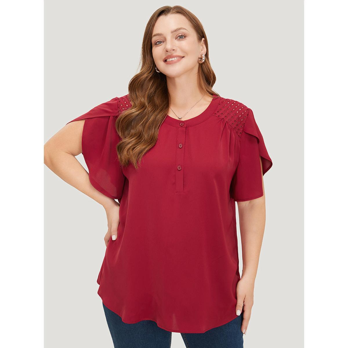 Plus Size Burgundy Plain Patchwork Cut Out Petal Sleeve Blouse Women Office Short sleeve Round Neck Work Blouses BloomChic 12/L Product Image