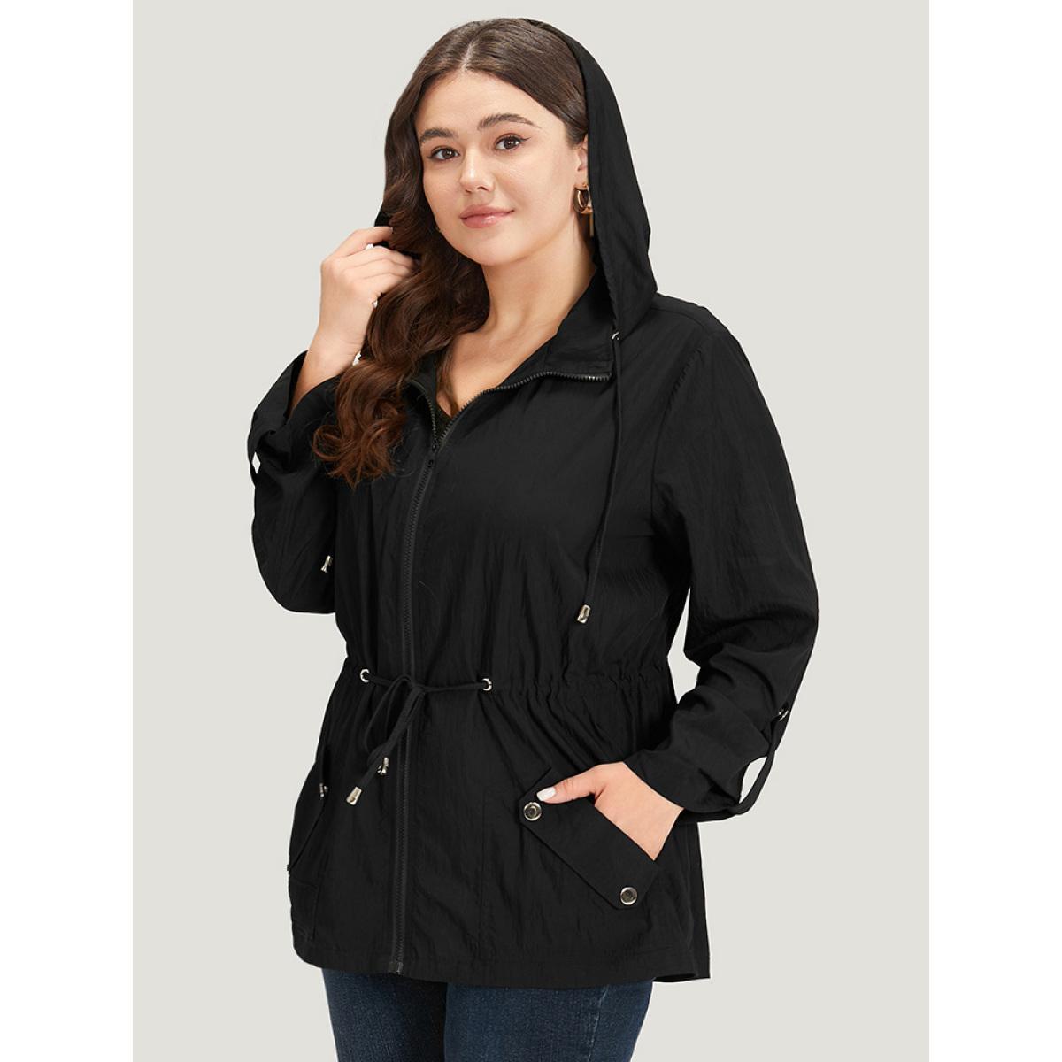 Plus Size Plain Hooded Zipper Drawstring Tab Sleeve Coat Women Black Plain Pocket Everyday Jackets BloomChic 14-16/1X Product Image