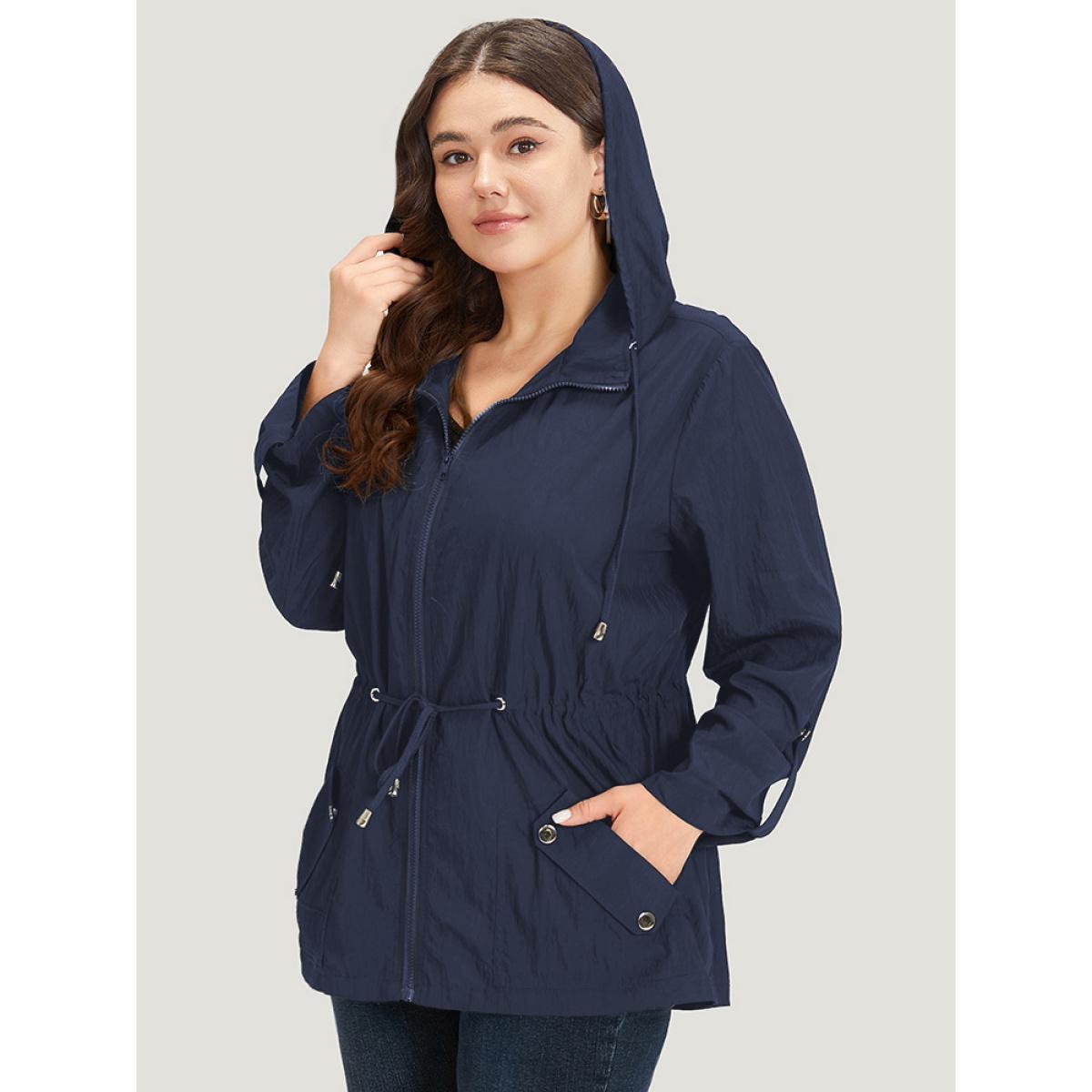 Plus Size Plain Hooded Zipper Drawstring Tab Sleeve Coat Women Indigo Plain Pocket Everyday Jackets BloomChic 12/L Product Image