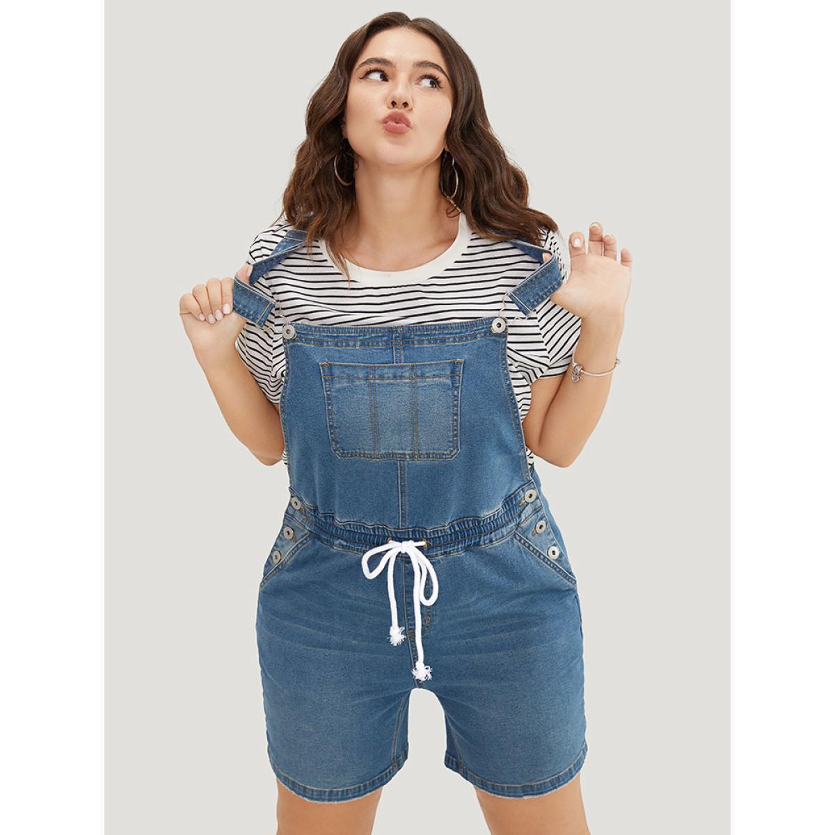 Plus Size Drawstring Button Up Dark Wash Denim Overalls Blue Women Plain Low stretch Dailywear Pocket Casual Denim Jumpsuits BloomChic 26/4X Product Image