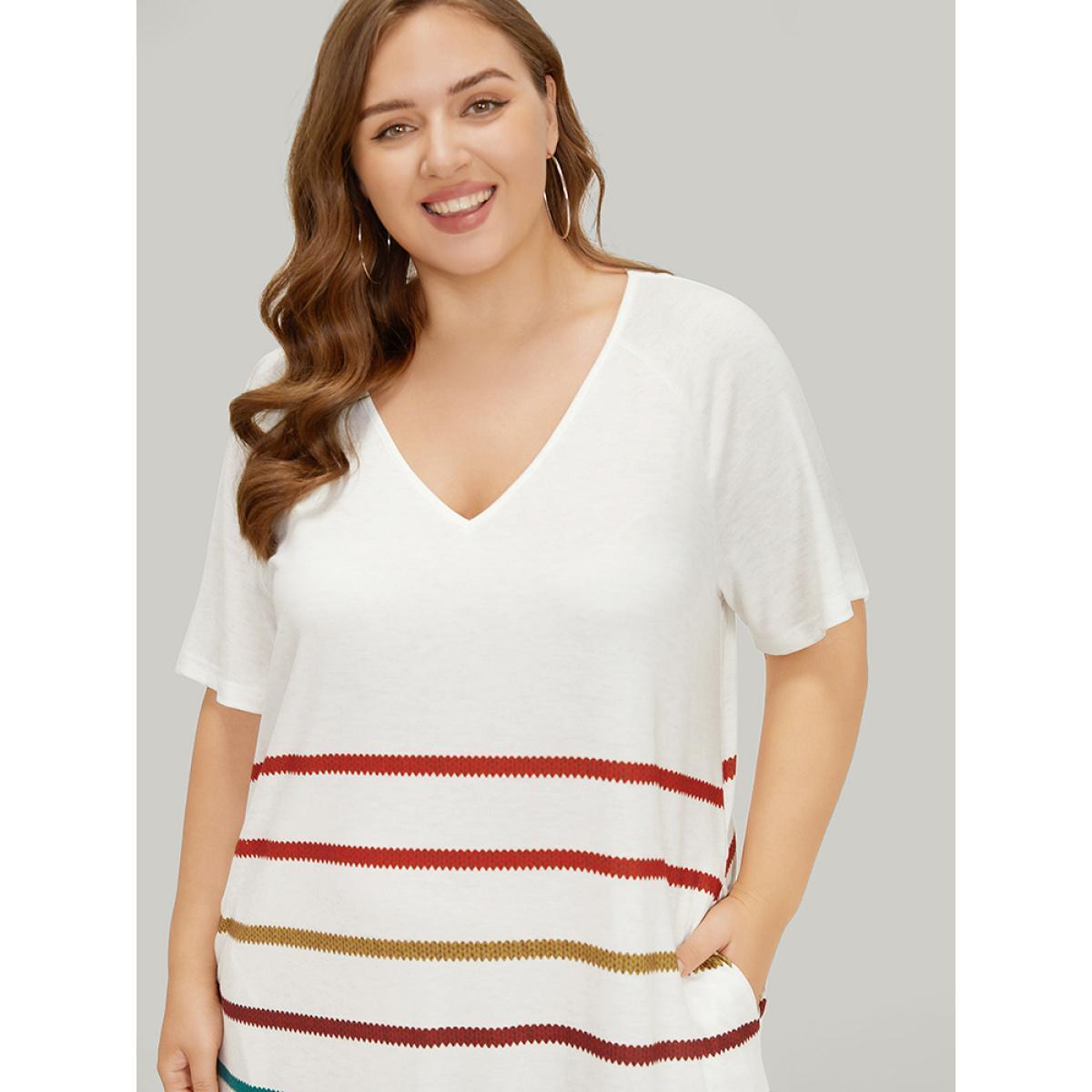 Plus Size Rainbow Striped Pocket Curved Hem Dress White Women Casual Contrast V-neck Short sleeve Curvy Midi Dress BloomChic 14-16/1X Product Image