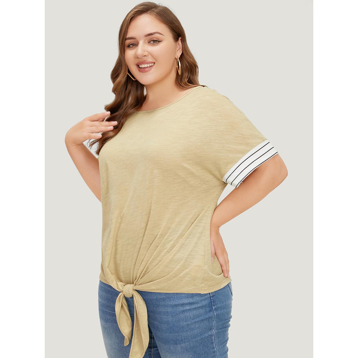 Plus Size Striped Patchwork Knotted Hem Heather T-shirt LightBrown Women Casual Heather Striped Round Neck Dailywear T-shirts BloomChic 28/5X Product Image